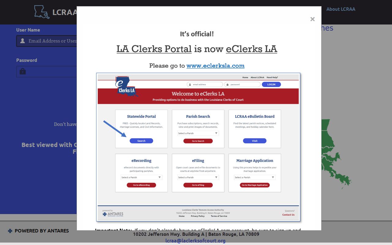 Natchitoches Parish case search LCRAA login page