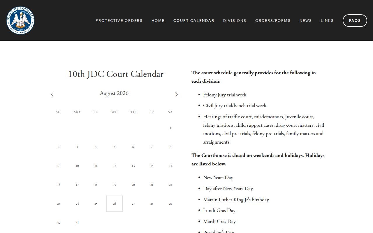 Natchitoches Parish court calendar for the 10th Judicial District Court